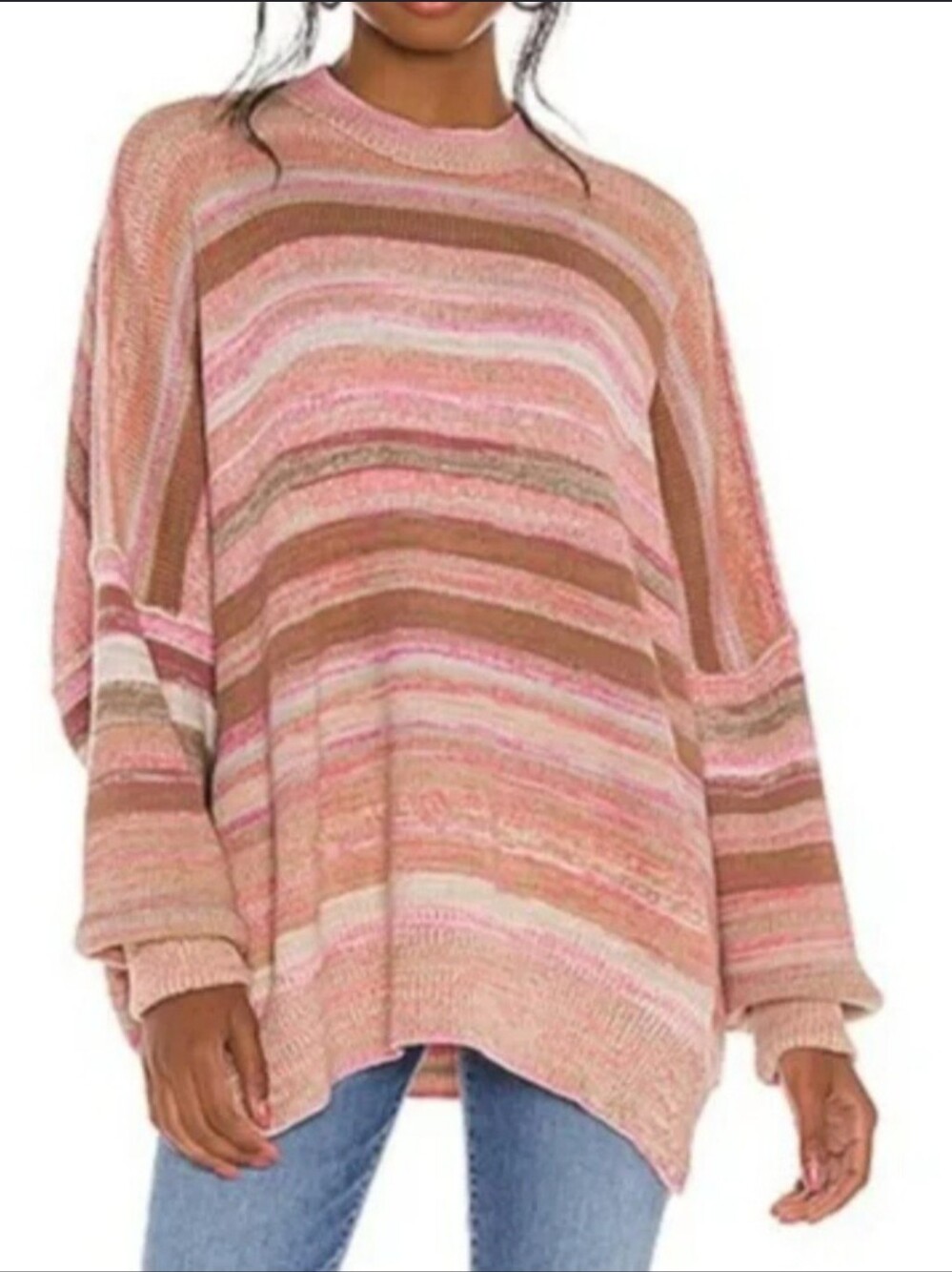Free People Striped Crewneck Sweater in Pink and Brown
